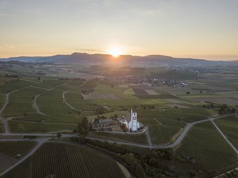 Bergkirche St. Moritz zu Sonnenaufgang, Luftaufnahme, Hallau, Schaffhausen, Schweiz