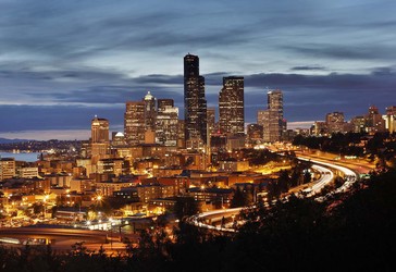 Cityscapes of Seattle vom Doctor Jose Rizal Park gesehen, Seattle, Washington, USA